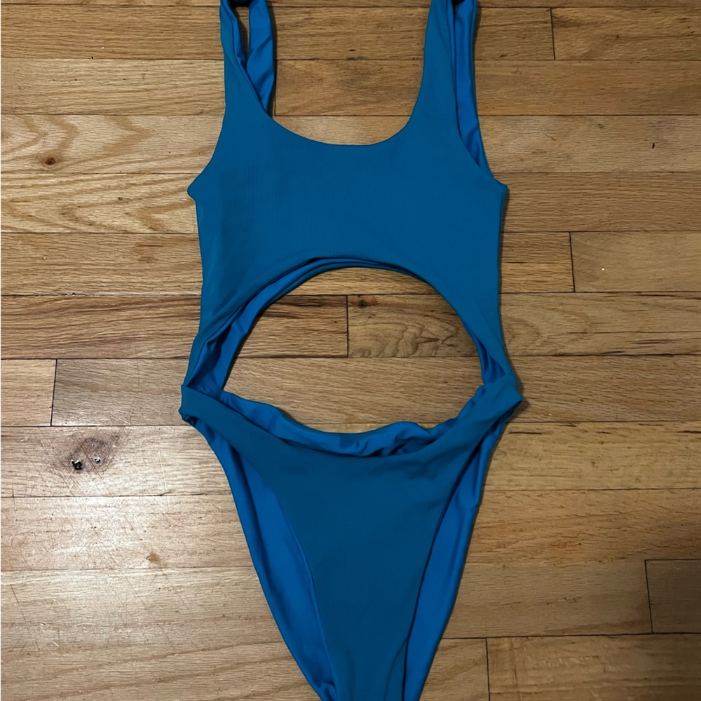Blue ribbed one piece bathing suit